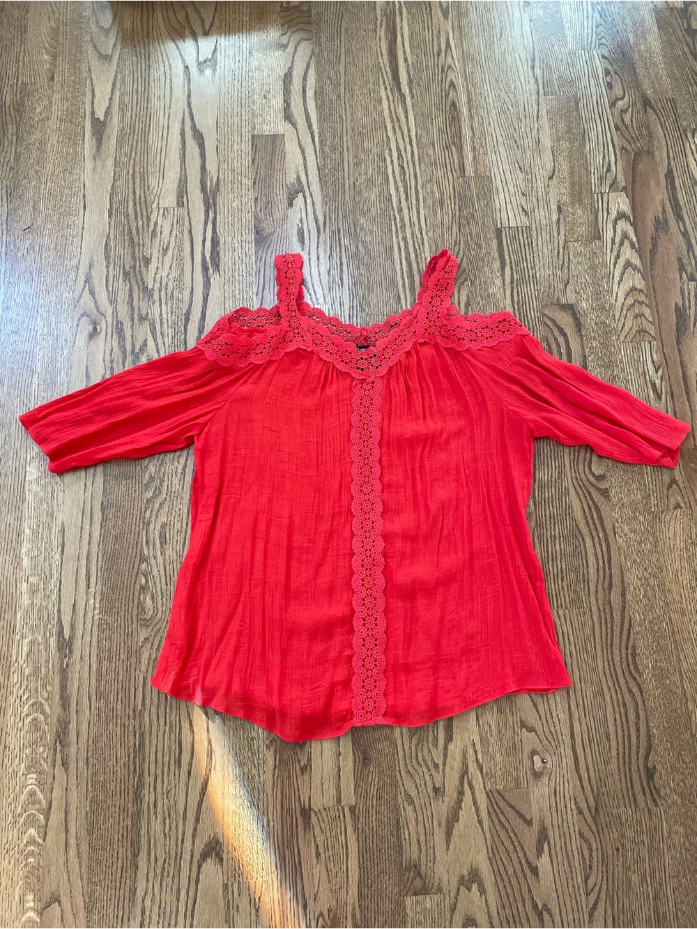 new directions Coral Colored Cold-Shoulder Crochet Trim Top